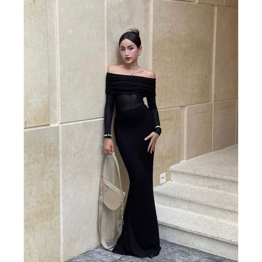 Commense‎ Overfold Off-Shoulder Mesh Long Sleeve Long Dress Black size M